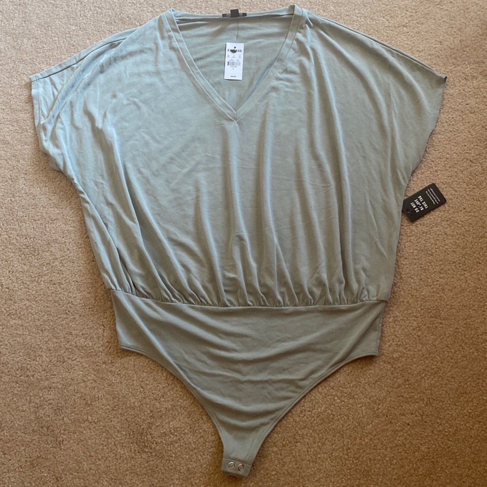 New! Express Bodysuit. Size L. Sage green. Short-sleeve V-neck.